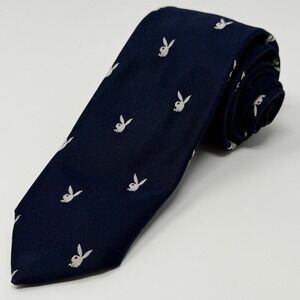 Playboy Necktie Mens OS Navy Blue Embroidered Bunny Head Logo Italy Classic Tie